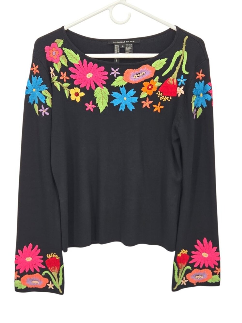 Michelle Nicole Sweater Size L Knit Floral Embroidered Colorful Boho